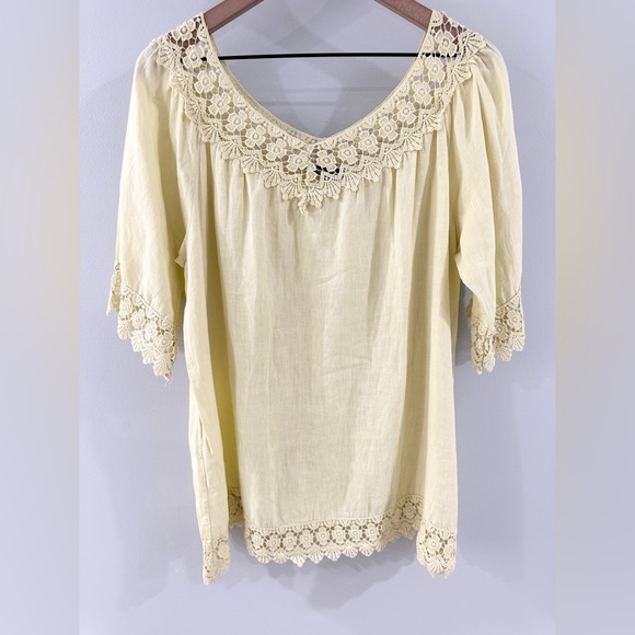 Piazza Roma Crochet Detail Linen Tunic Yellow Size Large - Picture 3 of 5